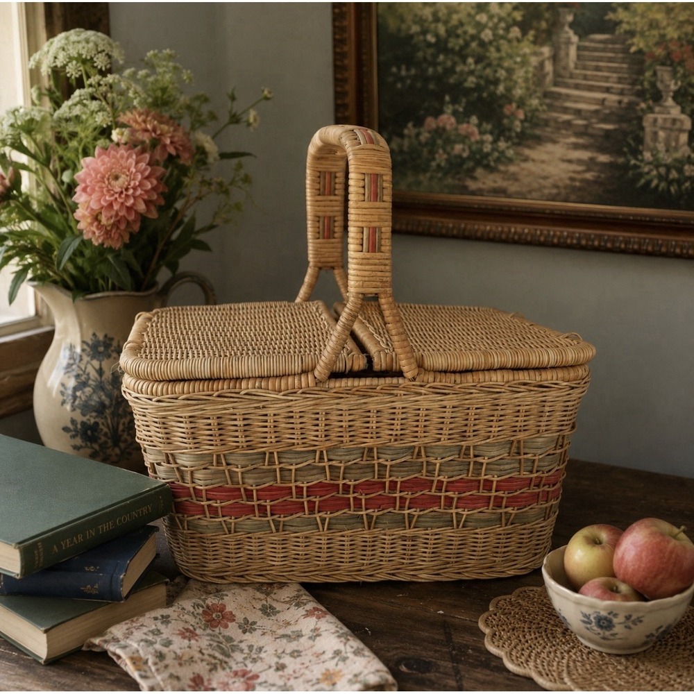 Vintage Wicker Picnic Market Basket Double Lid‎ Terracotta Sage Large